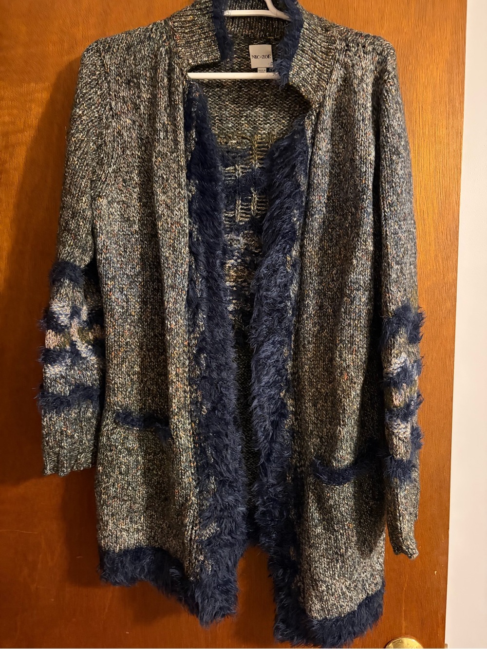 NIC+ZOË Multicolor Knit Cardigan with Navy Faux-Fur Trim